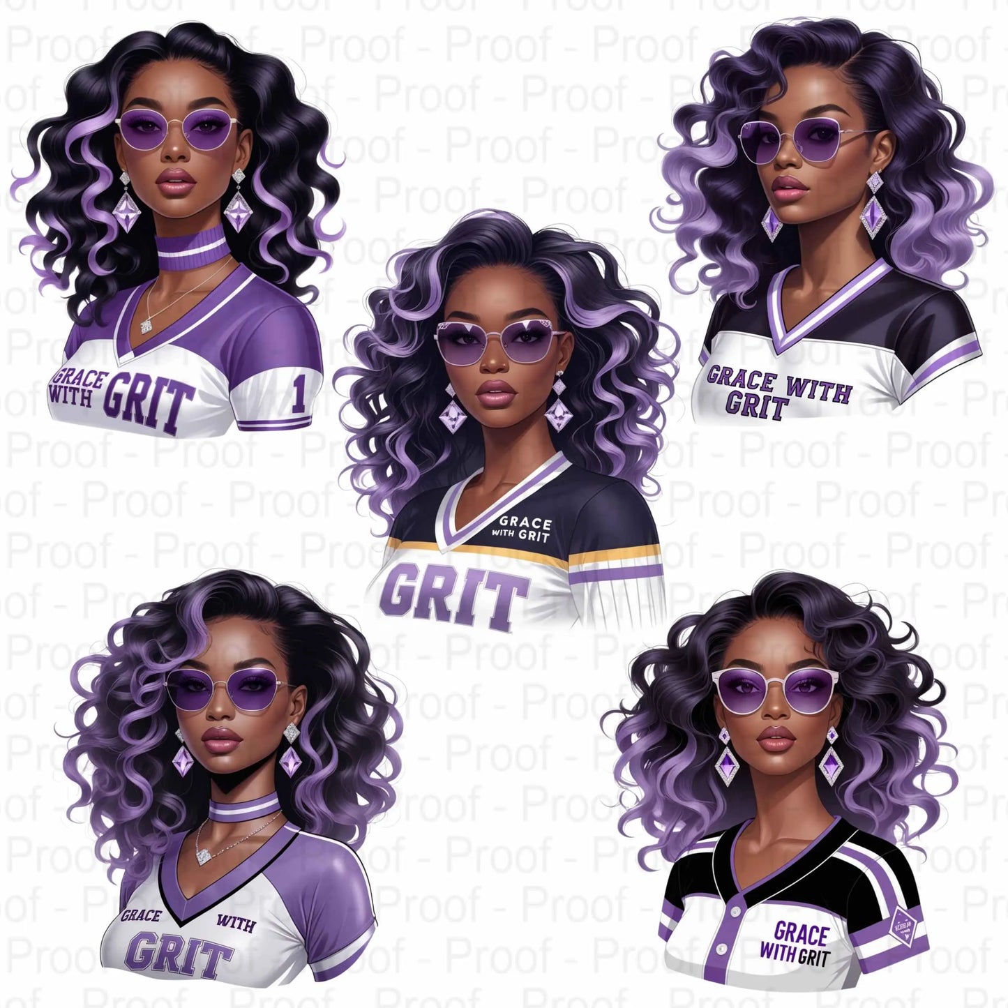 Grace with Grit PNG Bundle | 5 Lavender & White Afro Woman Clipart Files | High-Res Transparent Sublimation PNG for Shirts, Mugs, Totes Digital File Style-Junction Custom Designs & Prints