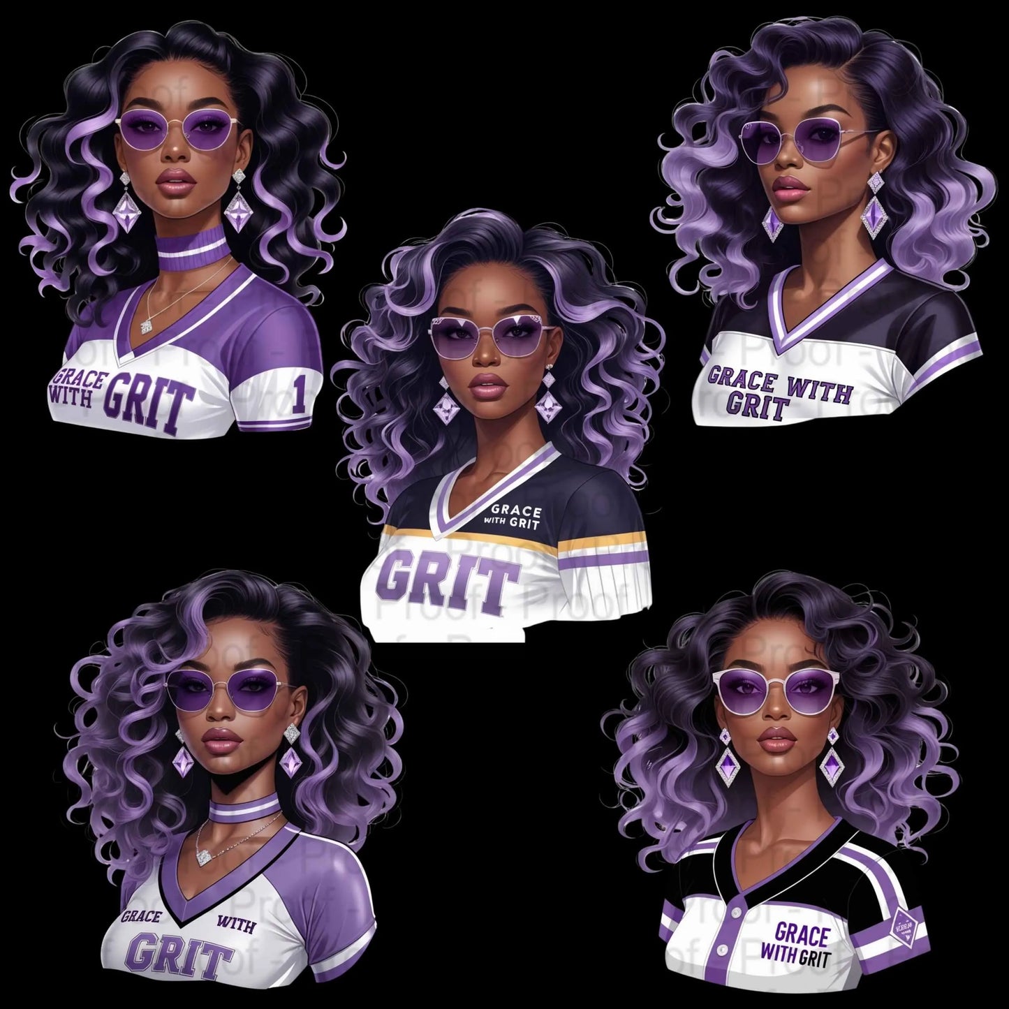 Grace with Grit PNG Bundle | 5 Lavender & White Afro Woman Clipart Files | High-Res Transparent Sublimation PNG for Shirts, Mugs, Totes Digital File Style-Junction Custom Designs & Prints