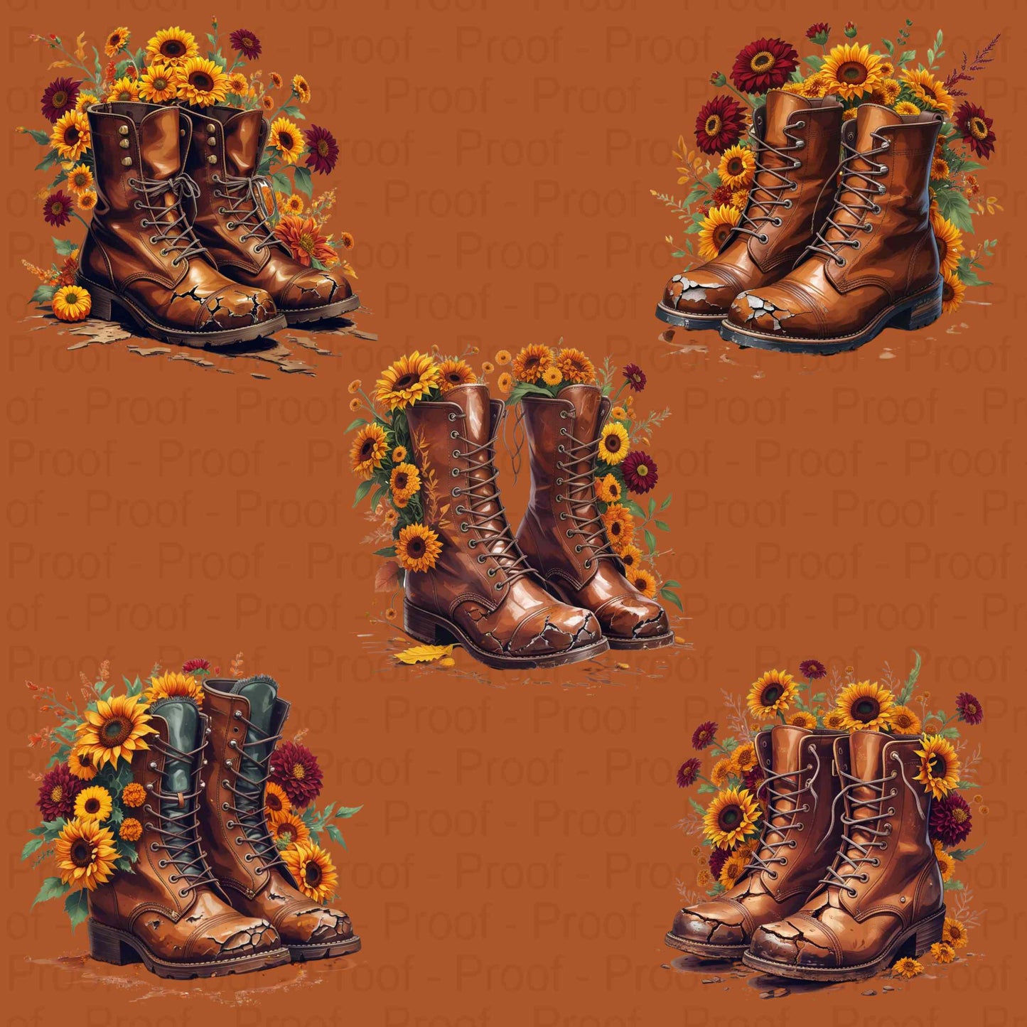 Sunset Harvest Boots PNG Bundle | 5 Worn Combat Boot Sublimation Files with Fall Flowers | Transparent High-Res PNG for Shirts & Mugs Digital File Style-Junction Custom Designs & Prints