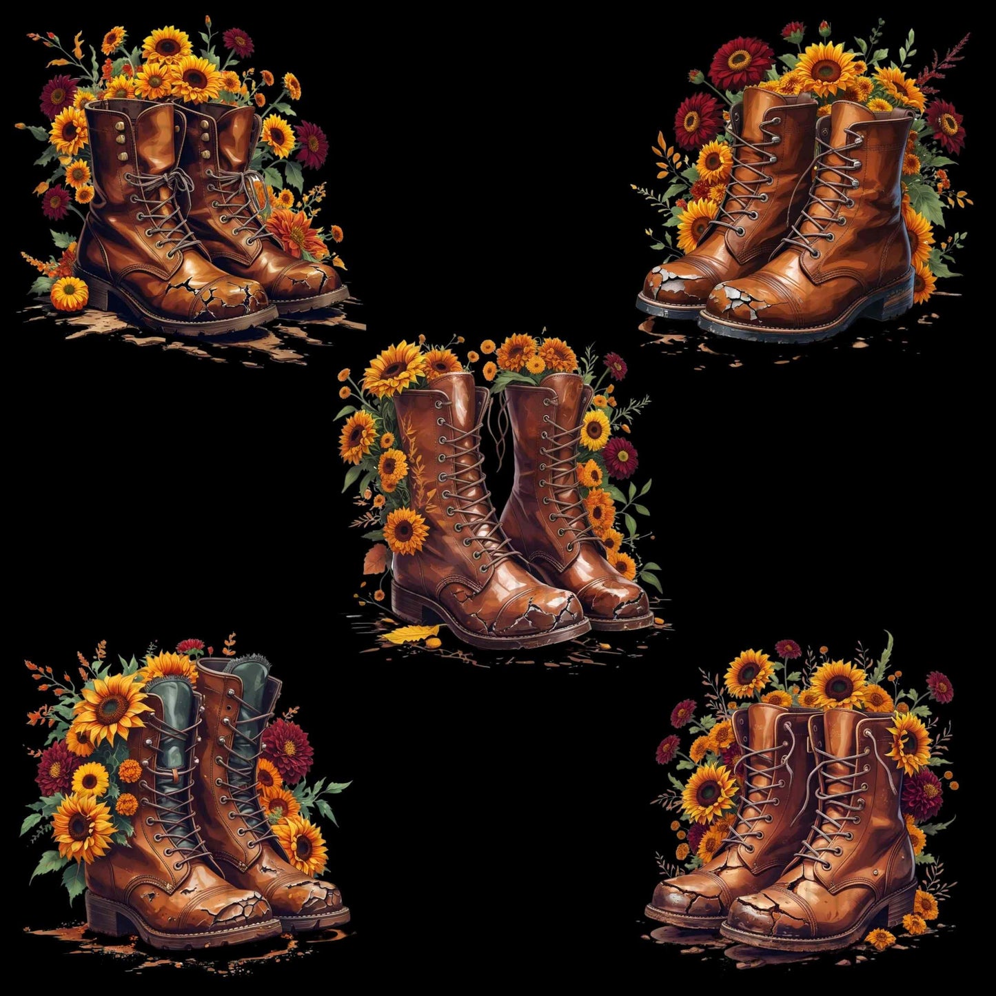 Sunset Harvest Boots PNG Bundle | 5 Worn Combat Boot Sublimation Files with Fall Flowers | Transparent High-Res PNG for Shirts & Mugs Digital File Style-Junction Custom Designs & Prints