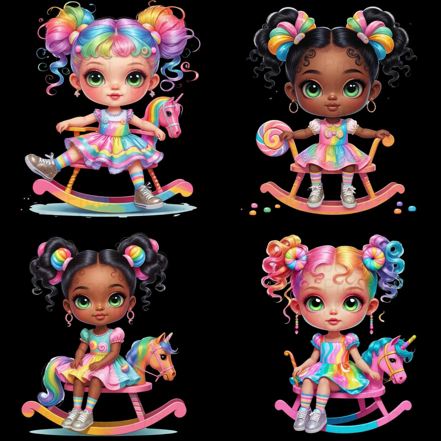 Rainbow Rocking Horse Girl Clipart Bundle | 8 High-Res Transparent PNGs for Sublimation, T-Shirts, Mugs, Tote Bags, and Stickers Digital File Style-Junction Custom Designs & Prints