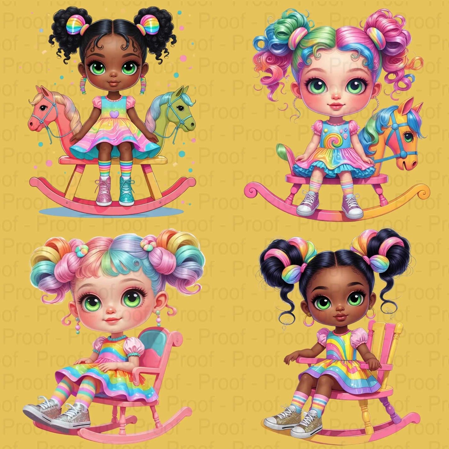Rainbow Rocking Horse Girl Clipart Bundle | 8 High-Res Transparent PNGs for Sublimation, T-Shirts, Mugs, Tote Bags, and Stickers Digital File Style-Junction Custom Designs & Prints