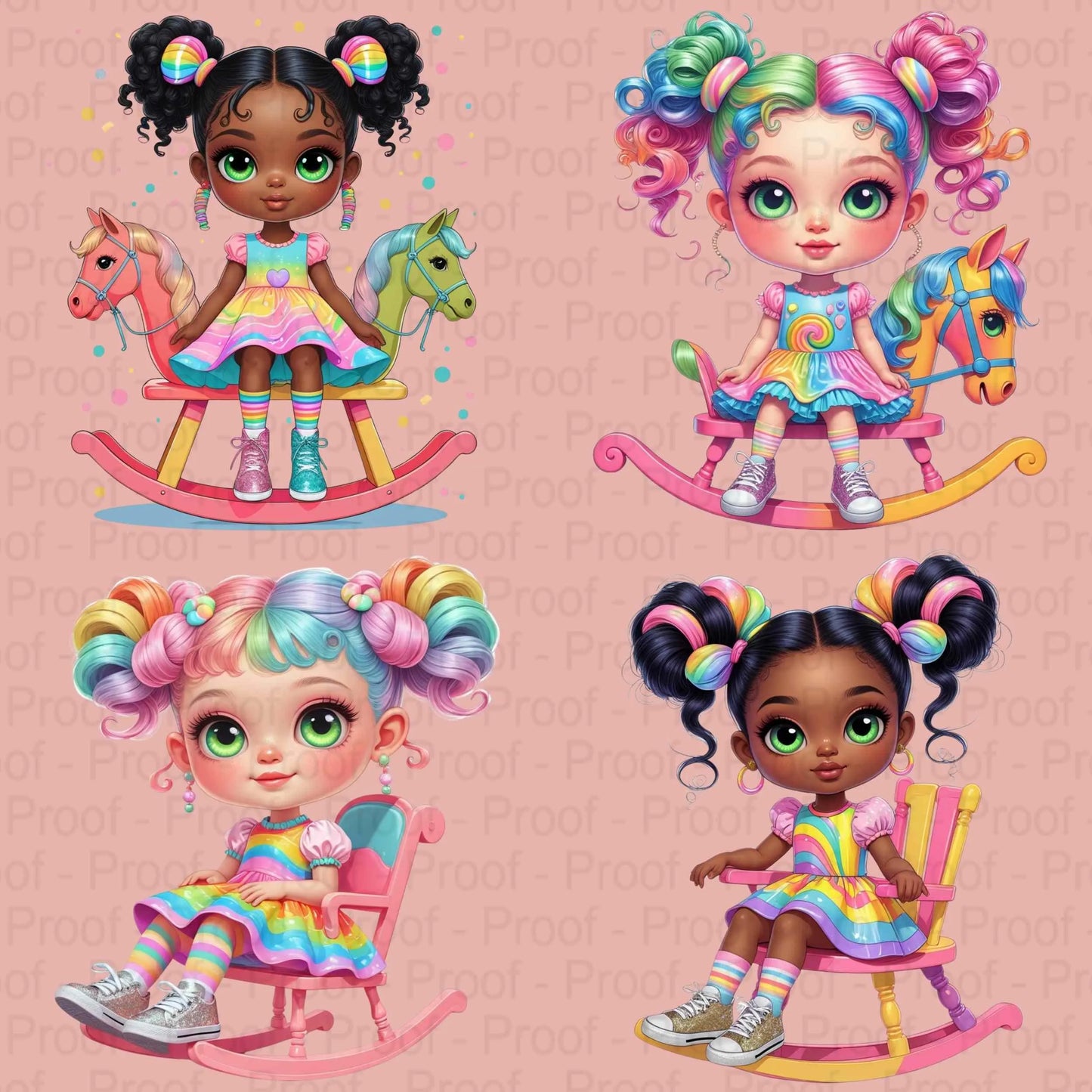 Rainbow Rocking Horse Girl Clipart Bundle | 8 High-Res Transparent PNGs for Sublimation, T-Shirts, Mugs, Tote Bags, and Stickers Digital File Style-Junction Custom Designs & Prints