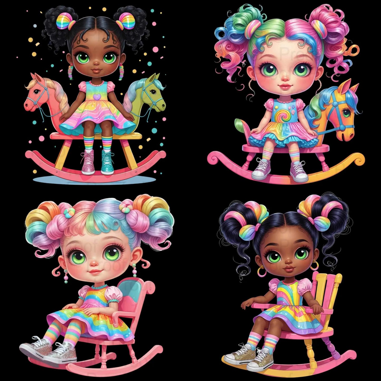 Rainbow Rocking Horse Girl Clipart Bundle | 8 High-Res Transparent PNGs for Sublimation, T-Shirts, Mugs, Tote Bags, and Stickers Digital File Style-Junction Custom Designs & Prints