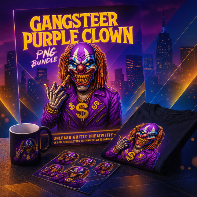 Gangster Purple Clown PNG Bundle featuring exclusive, gritty clown design by Style Junction Custom Digital Designs.