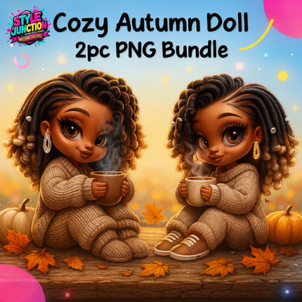 Cozy Autumn Doll 2pc PNG Bundle featuring stylish dolls in knitwear with warm drinks by Style Junction Custom Digital Designs.