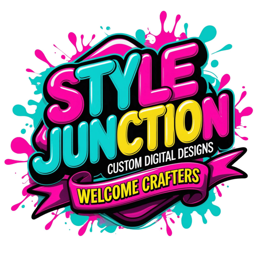 Colorful bold STYLE JUNCTION Custom Digital Designs logo with paint splashes and "Welcome Crafters" banner, showcasing creative artwork.