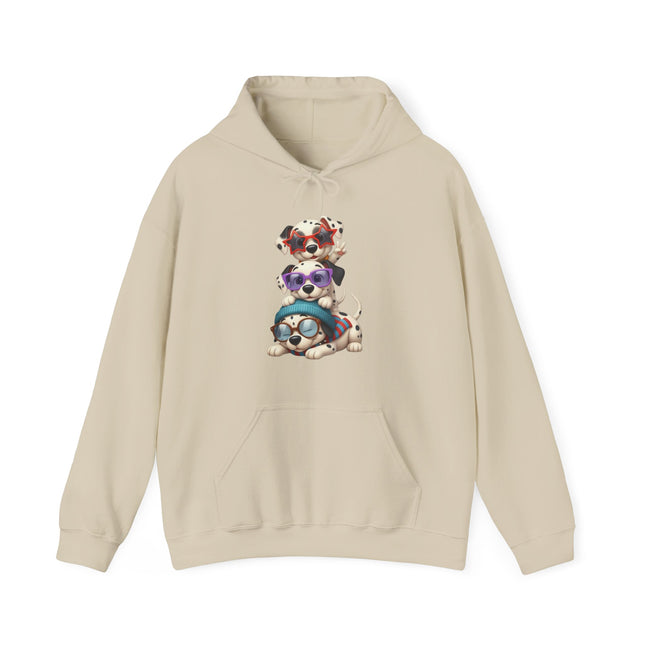 Cute Stacked Puppies Hoodie – Colorful Sunglass Dog Trio Pullover