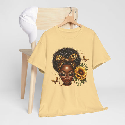 Afro Sunflower Tee — Black Woman Headwrap Graphic T-Shirt