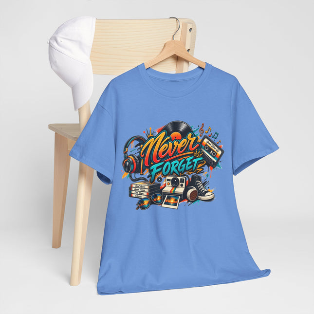 Retro Music Tee — "Never Forget" Vintage Records & Cassette Graphic