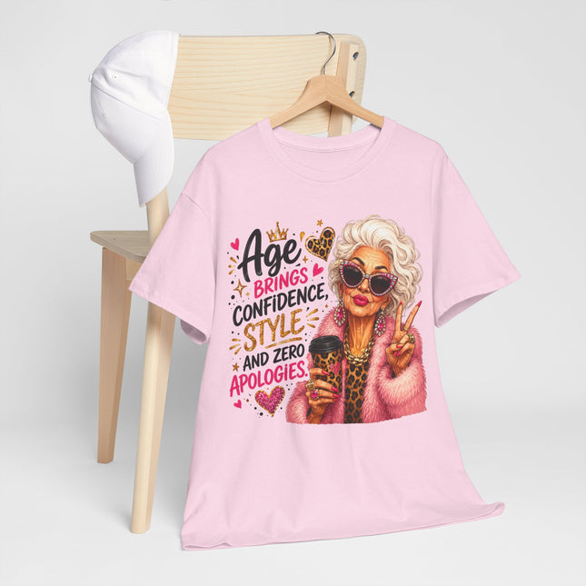 T-Shirt — "Age Brings Confidence, Style & Zero Apologies" Retro Glam Senior Woman Graphic Tee