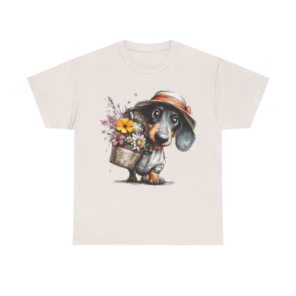 Dachshund with Flower Basket T‑Shirt — Cute Puppy Garden Tee