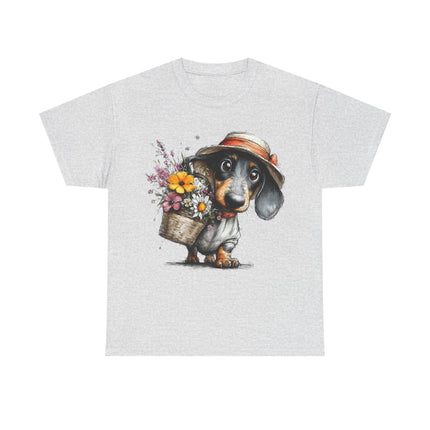 Dachshund with Flower Basket T‑Shirt — Cute Puppy Garden Tee