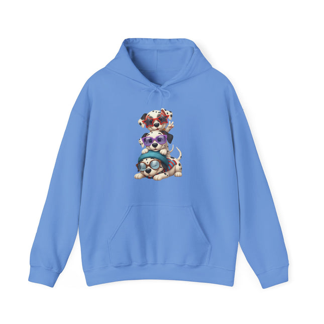 Cute Stacked Puppies Hoodie – Colorful Sunglass Dog Trio Pullover