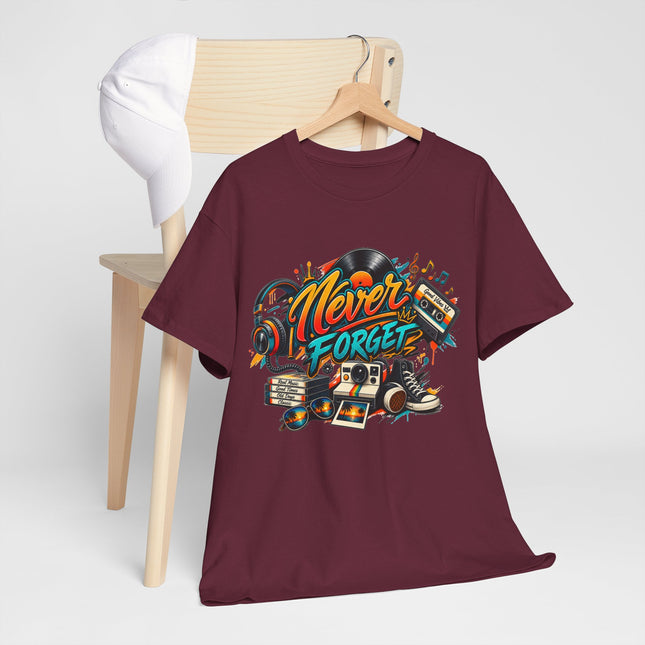 Retro Music Tee — "Never Forget" Vintage Records & Cassette Graphic