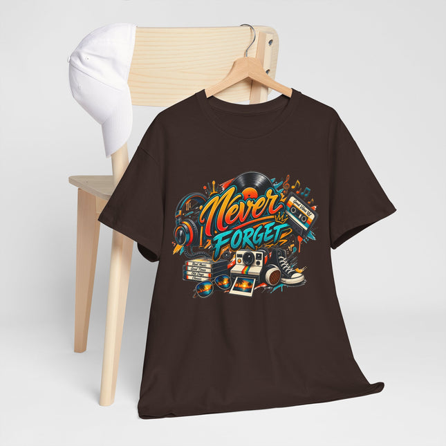 Retro Music Tee — "Never Forget" Vintage Records & Cassette Graphic