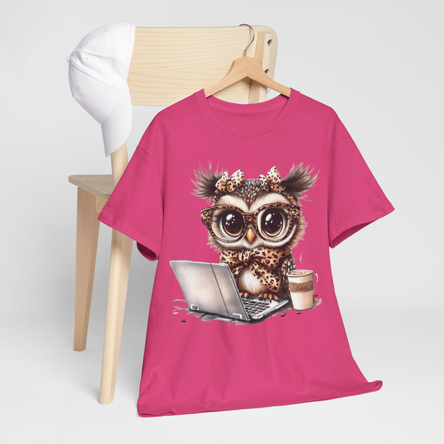 Cute Owl Working at Laptop T-Shirt — Coffee Lover Graphic Tee