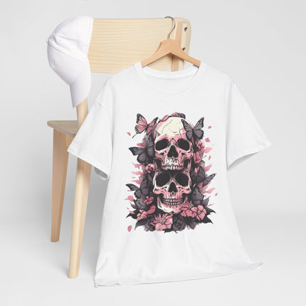 Skull & Pink Roses Tee - Gothic Floral Skull T-Shirt