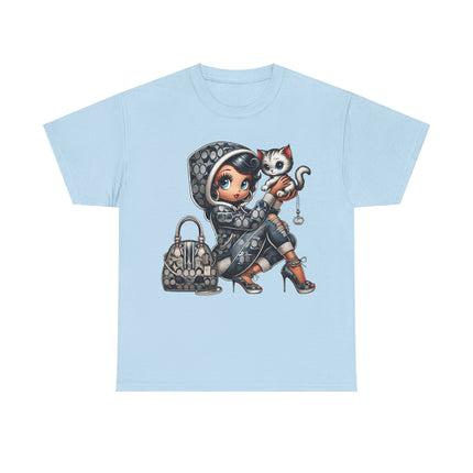 Retro Fashion Doll Tee with Cat – Cute Big Eye Cartoon Streetwear Graphic T-Shirt for Women Trendy Urban Style Top