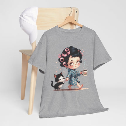 Cute Morning Routine Tee — Cartoon Girl in Rollers with Cat & Coffee