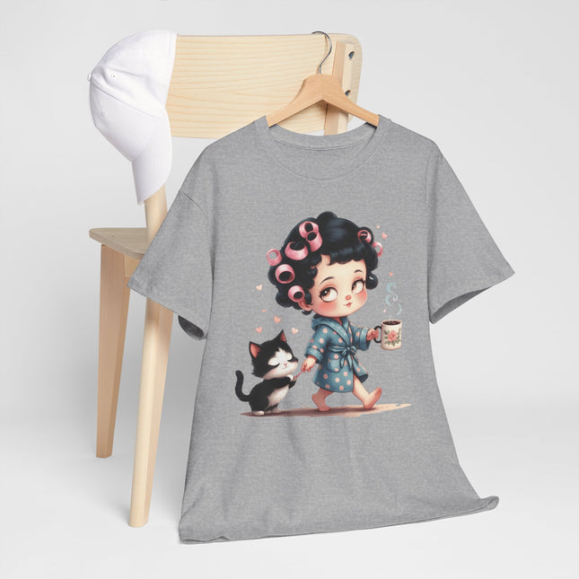 Cute Morning Routine Tee — Cartoon Girl in Rollers with Cat & Coffee