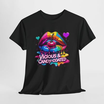 Graphic Tee — Vicious & Candy-Coated Rainbow Lips Cherry Design