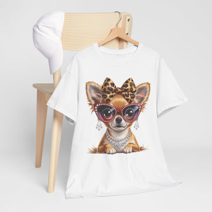 Chic Chihuahua Tee — Leopard Bow & Pearl Dog Graphic T-Shirt