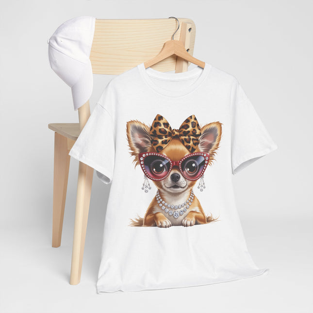Chic Chihuahua Tee — Leopard Bow & Pearl Dog Graphic T-Shirt