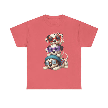 Cute Stacked Puppies T-Shirt – Cartoon Dogs Wearing Glasses & Beanie
