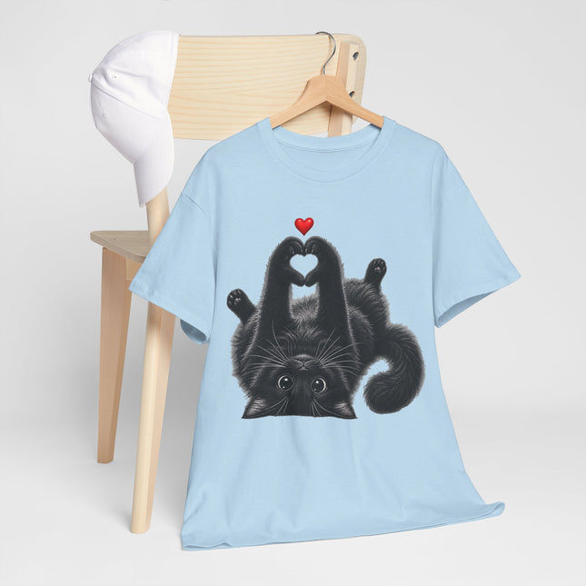 Cat Heart Tee — Cute Black Cat Lying Upside Down with Heart Graphic