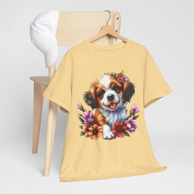 Cute Puppy Floral T‑Shirt — Happy Dog with Flowers Graphic Tee