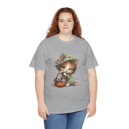 Whimsical Spring Cat #31 - Kitten Reaching for Butterfly Tee | Cute Cat Illustration Shirt