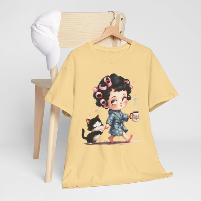 Cute Morning Routine Tee — Cartoon Girl in Rollers with Cat & Coffee