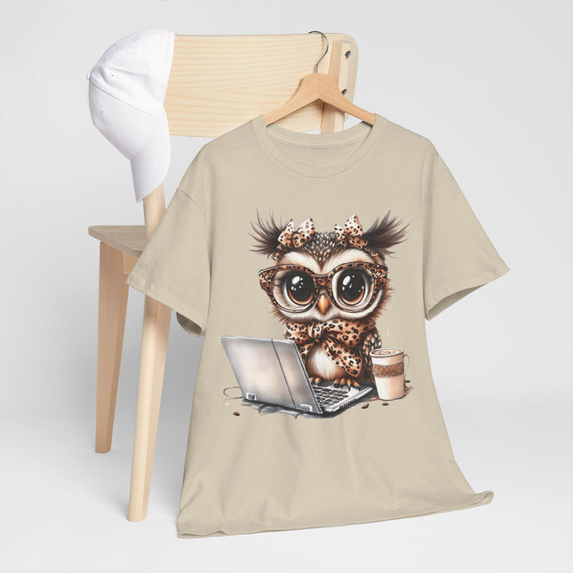 Cute Owl Working at Laptop T-Shirt — Coffee Lover Graphic Tee