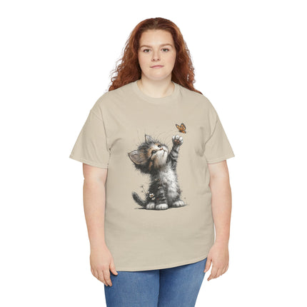 Whimsical Spring Cat #5 - Kitten Reaching for Butterfly Tee | Cute Cat Illustration Shirt