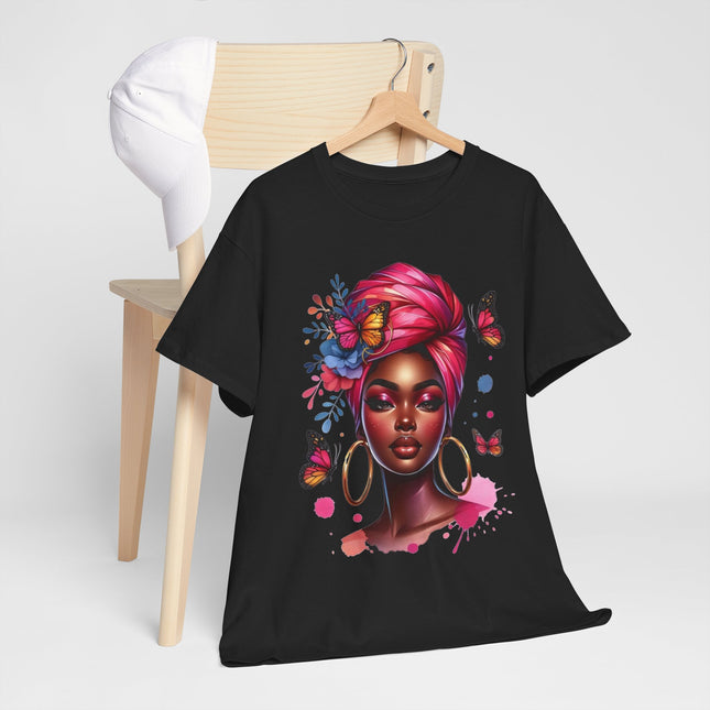 Afrocentric Butterfly Portrait T-Shirt — Woman with Headwrap & Hoop Earrings