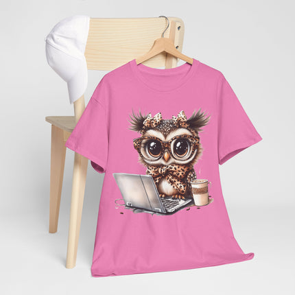 Cute Owl Working at Laptop T-Shirt — Coffee Lover Graphic Tee