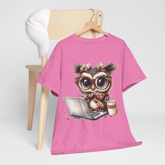 Cute Owl Working at Laptop T-Shirt — Coffee Lover Graphic Tee
