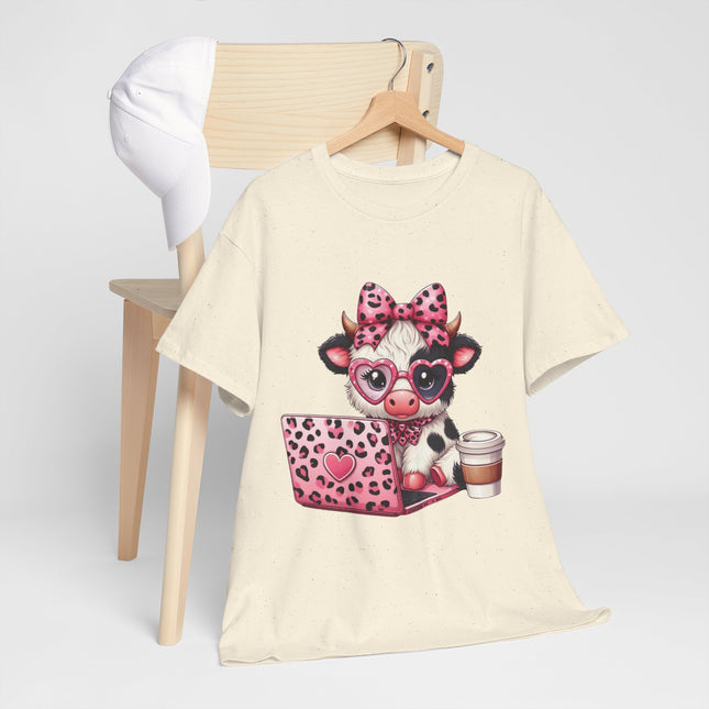 Cow With Laptop T-Shirt — Cute Pink Leopard Cow Working on Laptop with Coffee Tee