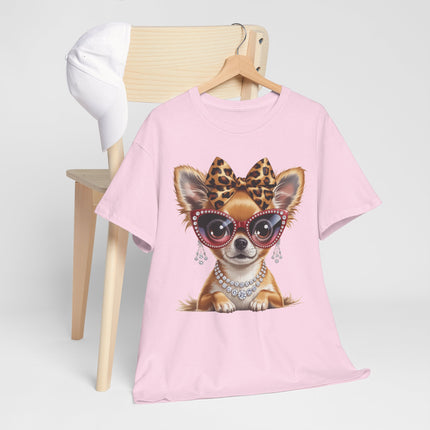 Chic Chihuahua Tee — Leopard Bow & Pearl Dog Graphic T-Shirt