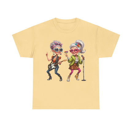 Senior Rock Duo Graphic Tee — Retro Grandmas Singing & Playing Guitar