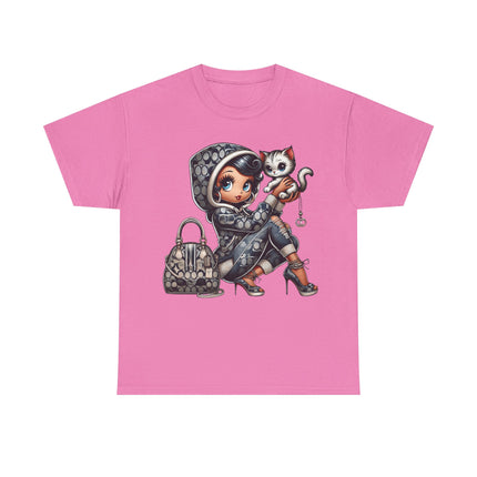 Retro Fashion Doll Tee with Cat – Cute Big Eye Cartoon Streetwear Graphic T-Shirt for Women Trendy Urban Style Top