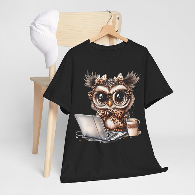 Cute Owl Working at Laptop T-Shirt — Coffee Lover Graphic Tee