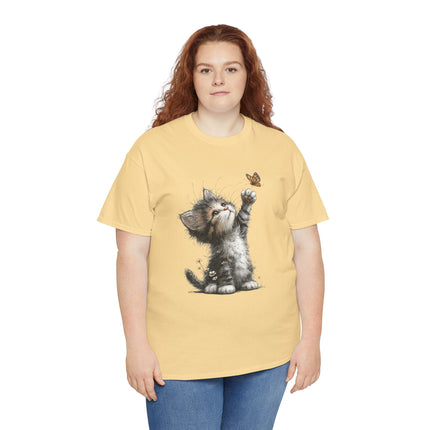 Whimsical Spring Cat #5 - Kitten Reaching for Butterfly Tee | Cute Cat Illustration Shirt
