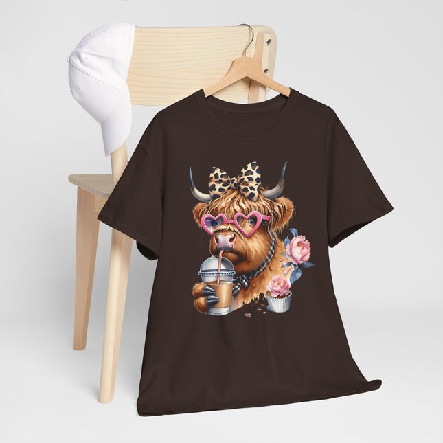 Cute Highland Cow Tee with Heart Sunglasses, Leopard Bow & Coffee — Cow Mom Gift