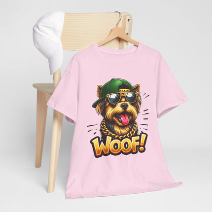 Woof! Cool Yorkie Graphic Tee — Retro Pup with Sunglasses & Cap