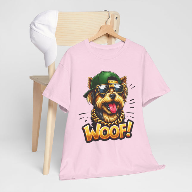 Woof! Cool Yorkie Graphic Tee — Retro Pup with Sunglasses & Cap