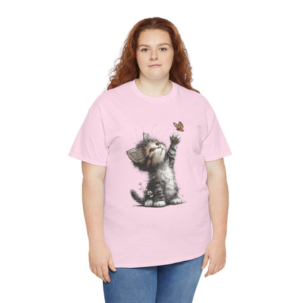 Whimsical Spring Cat #5 - Kitten Reaching for Butterfly Tee | Cute Cat Illustration Shirt