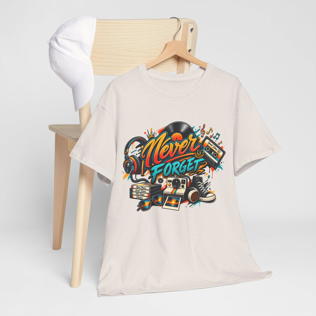 Retro Music Tee — "Never Forget" Vintage Records & Cassette Graphic