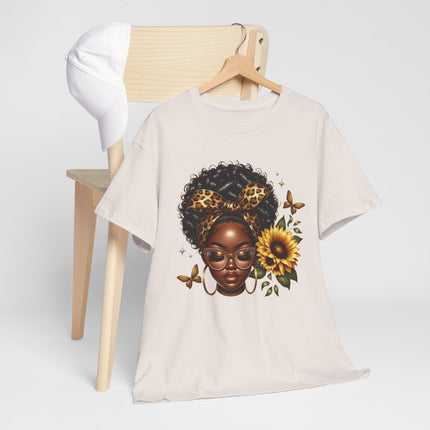 Afro Sunflower Tee — Black Woman Headwrap Graphic T-Shirt